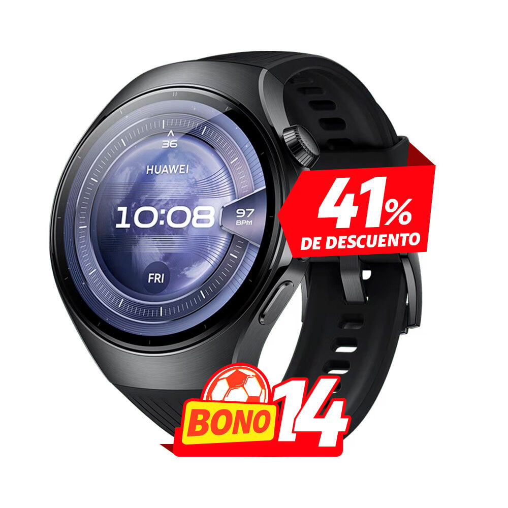 Perfil lateral del Huawei Watch 5 46 mm negro con acabado elegante y correa deportiva en Claro Guatemala