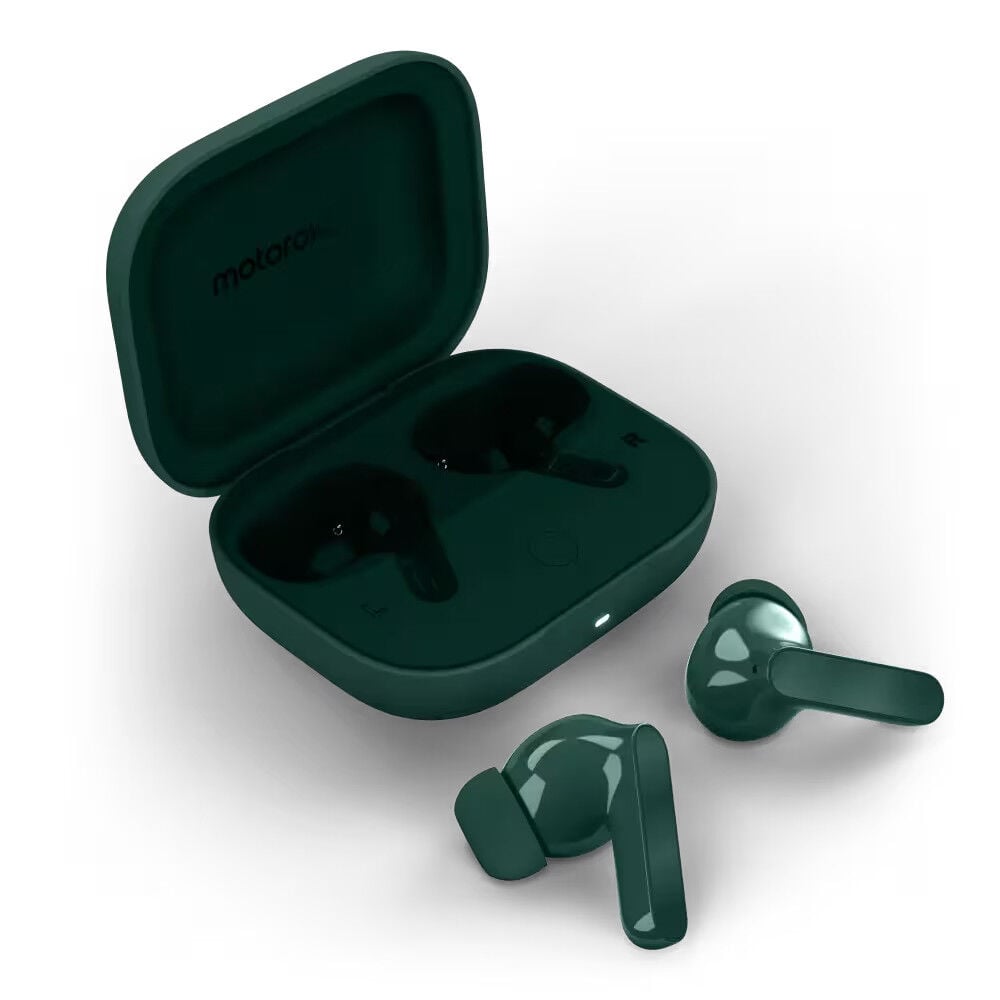 Moto Buds Bass color verde con estuche abierto en Claro Guatemala