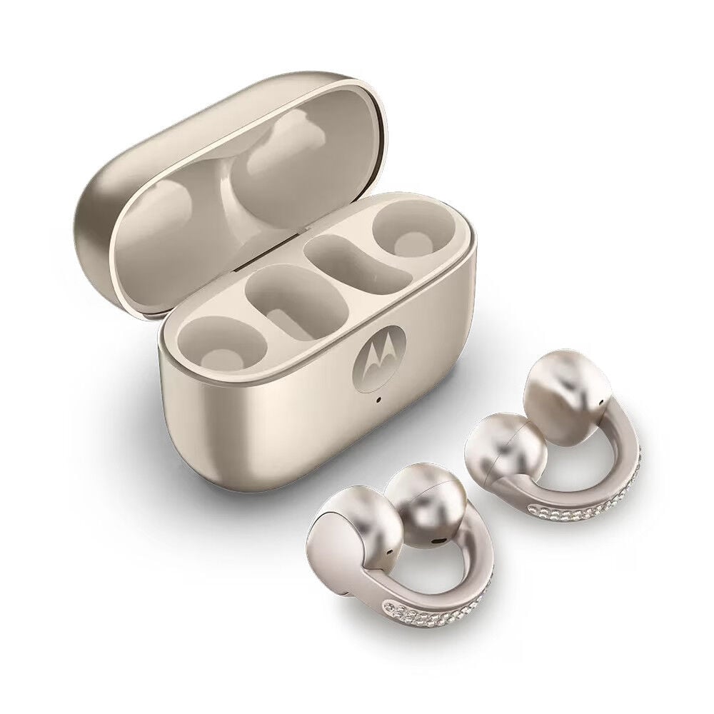 Moto Buds Loop Swarovski dorados con diseño premium y sonido inalámbrico en Claro Guatemala