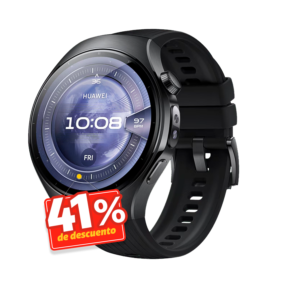 Perfil lateral del Huawei Watch 5 46 mm negro con acabado elegante y correa deportiva en Claro Guatemala