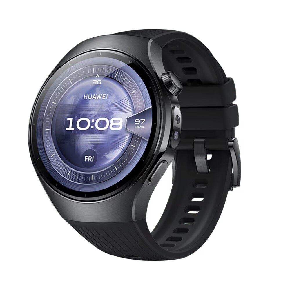 Perfil lateral del Huawei Watch 5 46 mm negro con acabado elegante y correa deportiva en Claro Guatemala