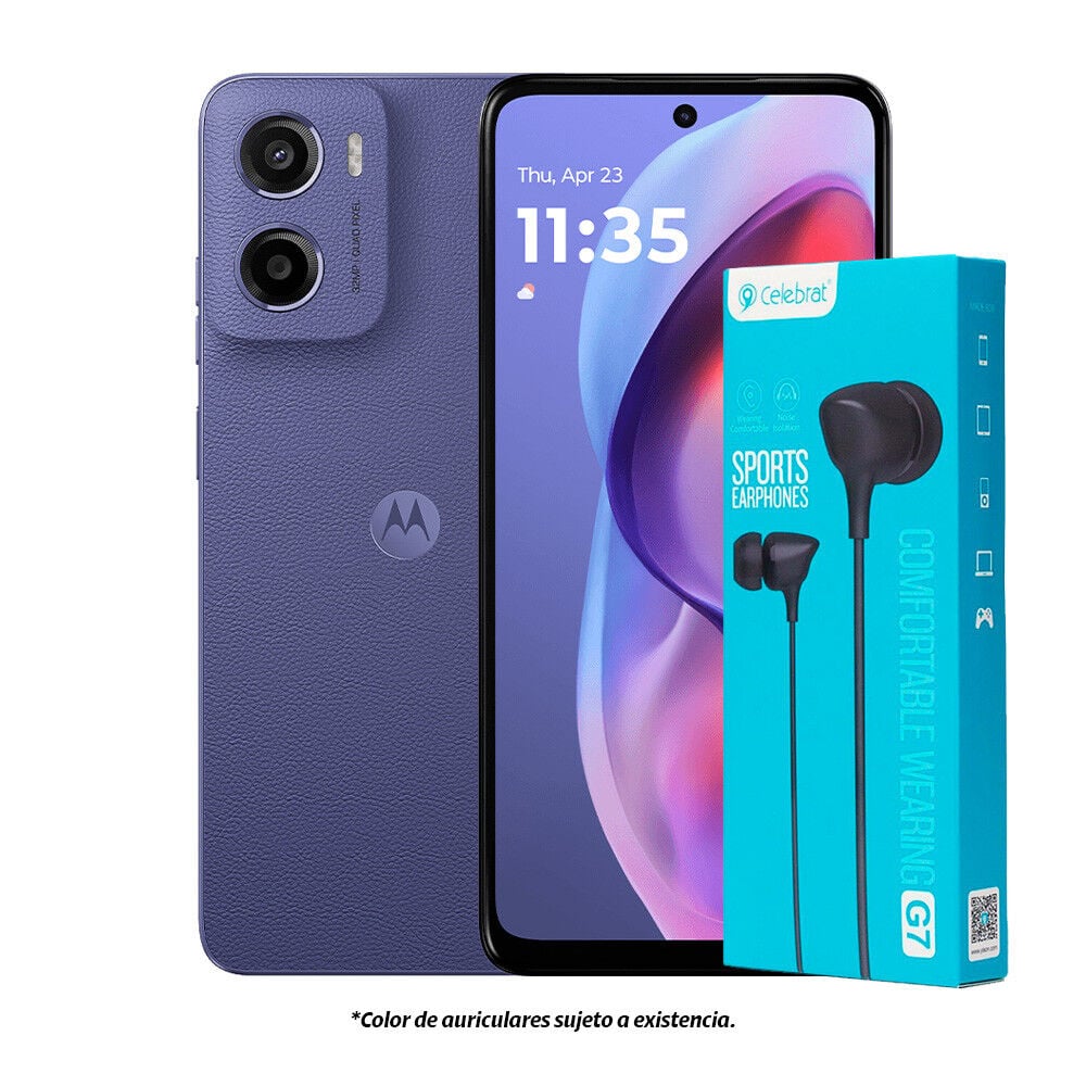 Smartphone Motorola color morado con audífonos inalámbricos en Claro Guatemala