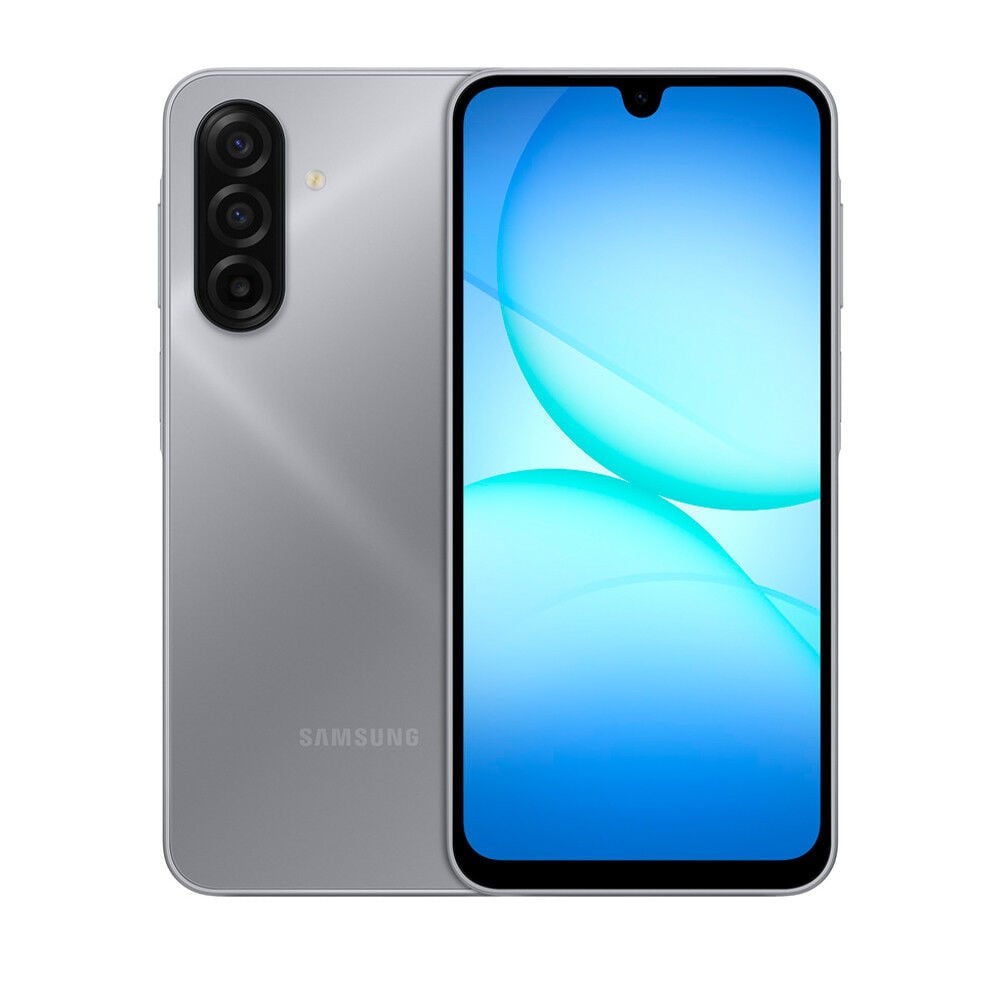 Samsung Galaxy A17 gris vista frontal y trasera con pantalla activa en Claro Guatemala