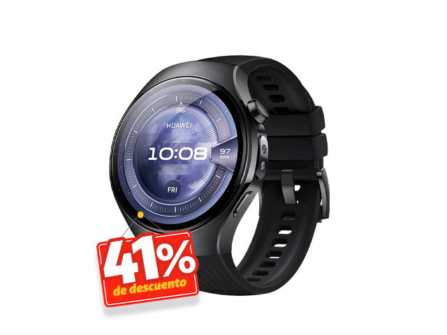 Perfil lateral del Huawei Watch 5 46 mm negro con acabado elegante y correa deportiva en Claro Guatemala