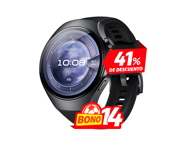 Perfil lateral del Huawei Watch 5 46 mm negro con acabado elegante y correa deportiva en Claro Guatemala